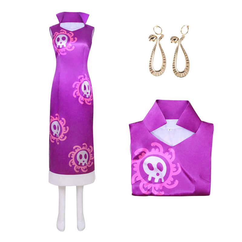 One Piece Boa Hancock Lila Cosplay Kostüm Full Set mit Ohrringen